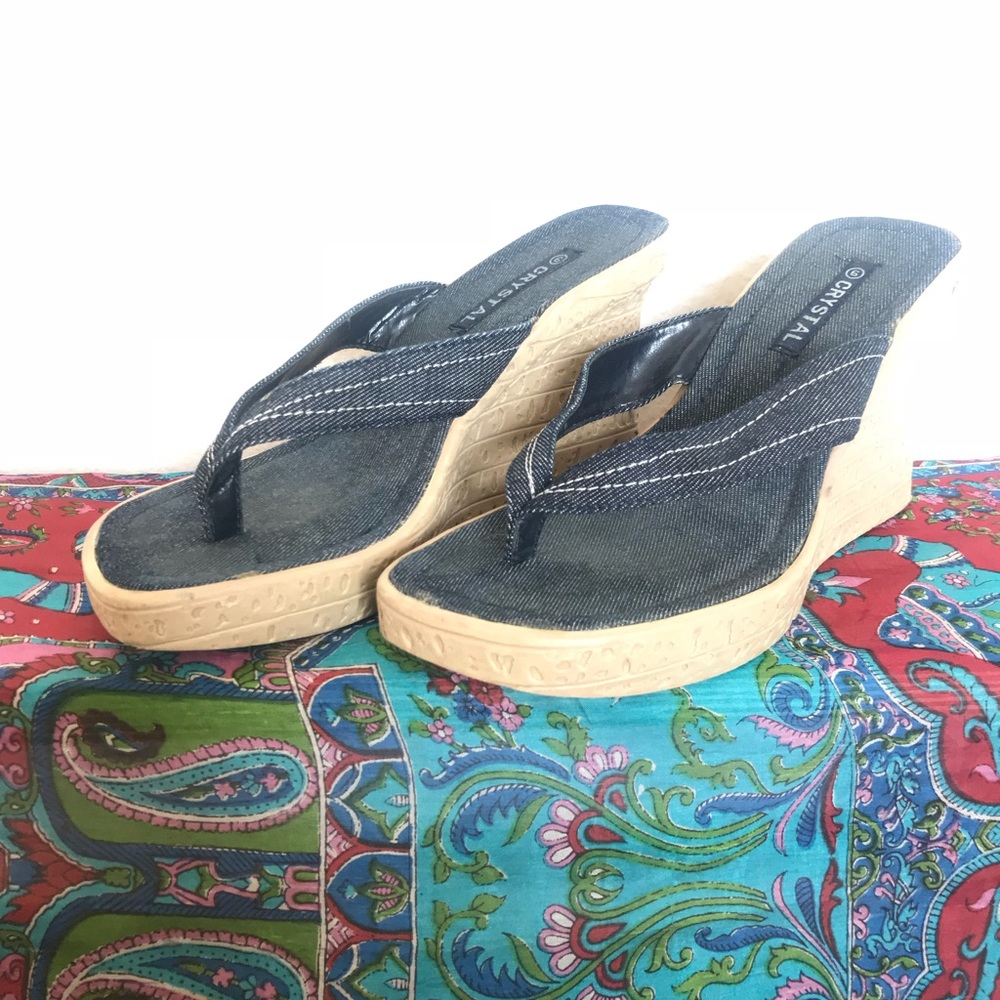 Crystal Denim Sandal Wedge Heels